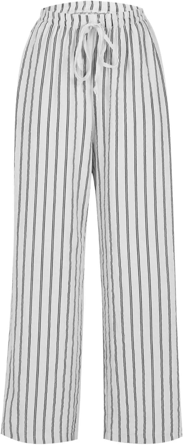 2025 Women Striped Wide Leg Pant Casual Drawstring Waist Pant Baggy Contrast Lounge Sleepwear Straight Leg Trouser