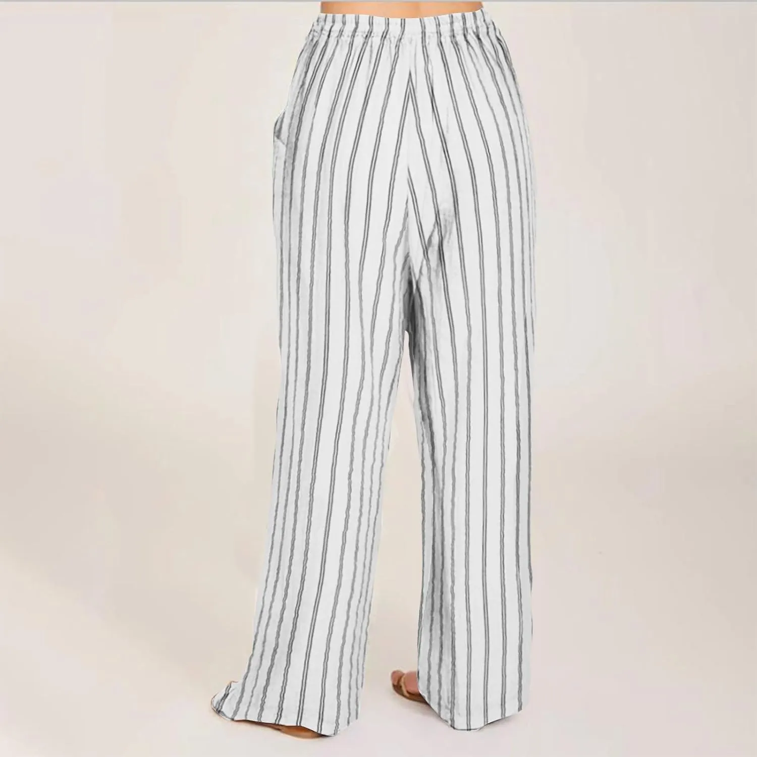 2025 Women Striped Wide Leg Pant Casual Drawstring Waist Pant Baggy Contrast Lounge Sleepwear Straight Leg Trouser