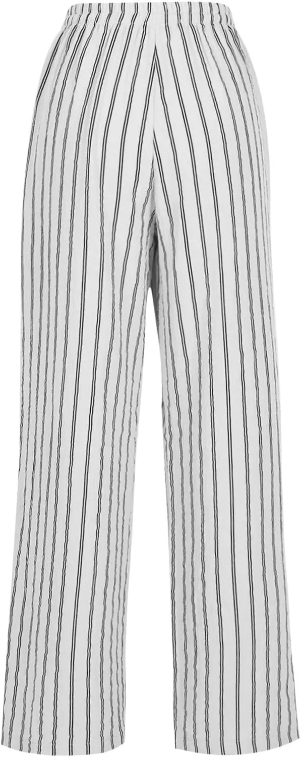 2025 Women Striped Wide Leg Pant Casual Drawstring Waist Pant Baggy Contrast Lounge Sleepwear Straight Leg Trouser