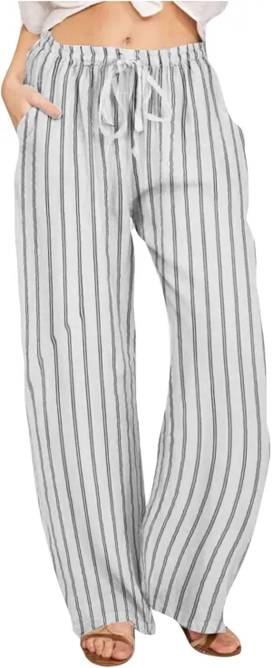 2025 Women Striped Wide Leg Pant Casual Drawstring Waist Pant Baggy Contrast Lounge Sleepwear Straight Leg Trouser