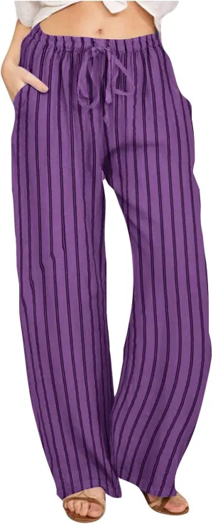 2025 Women Striped Wide Leg Pant Casual Drawstring Waist Pant Straight Leg Trouser Baggy Contrast Lounge Sleepwear