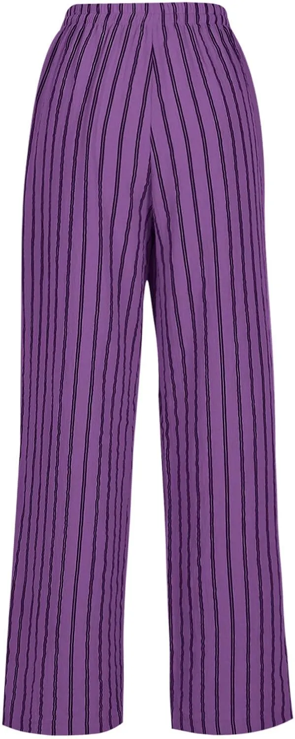2025 Women Striped Wide Leg Pant Casual Drawstring Waist Pant Straight Leg Trouser Baggy Contrast Lounge Sleepwear