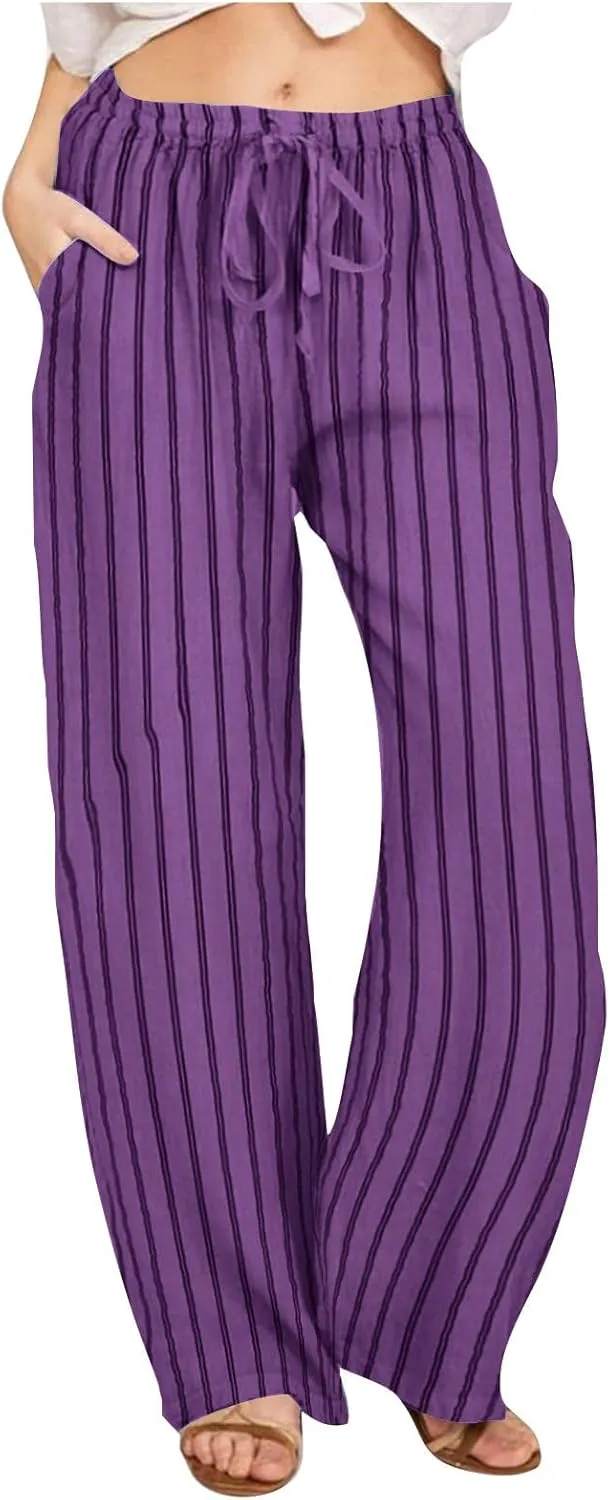 2025 Women Striped Wide Leg Pant Casual Drawstring Waist Pant Straight Leg Trouser Baggy Contrast Lounge Sleepwear