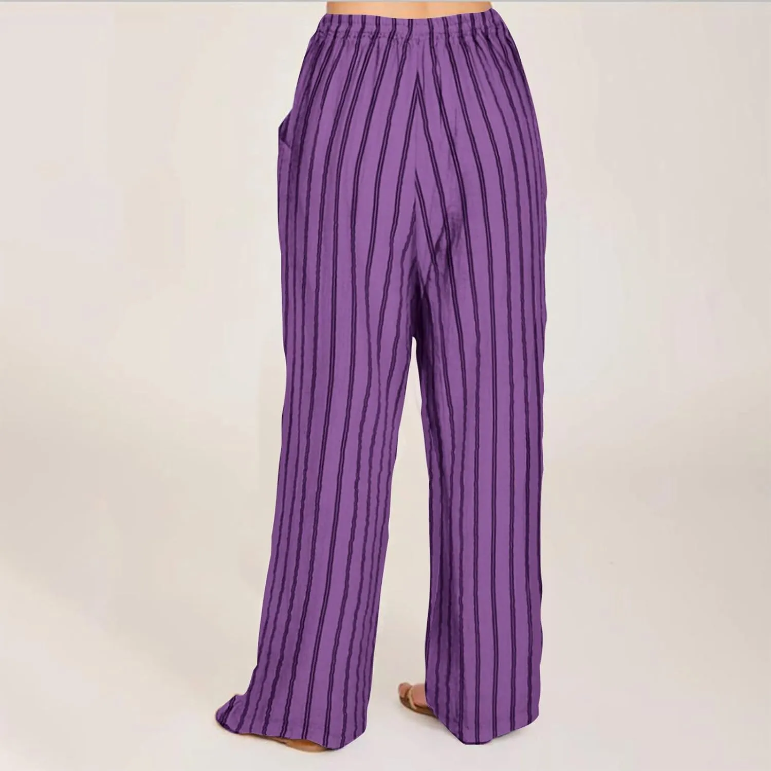 2025 Women Striped Wide Leg Pant Casual Drawstring Waist Pant Straight Leg Trouser Baggy Contrast Lounge Sleepwear