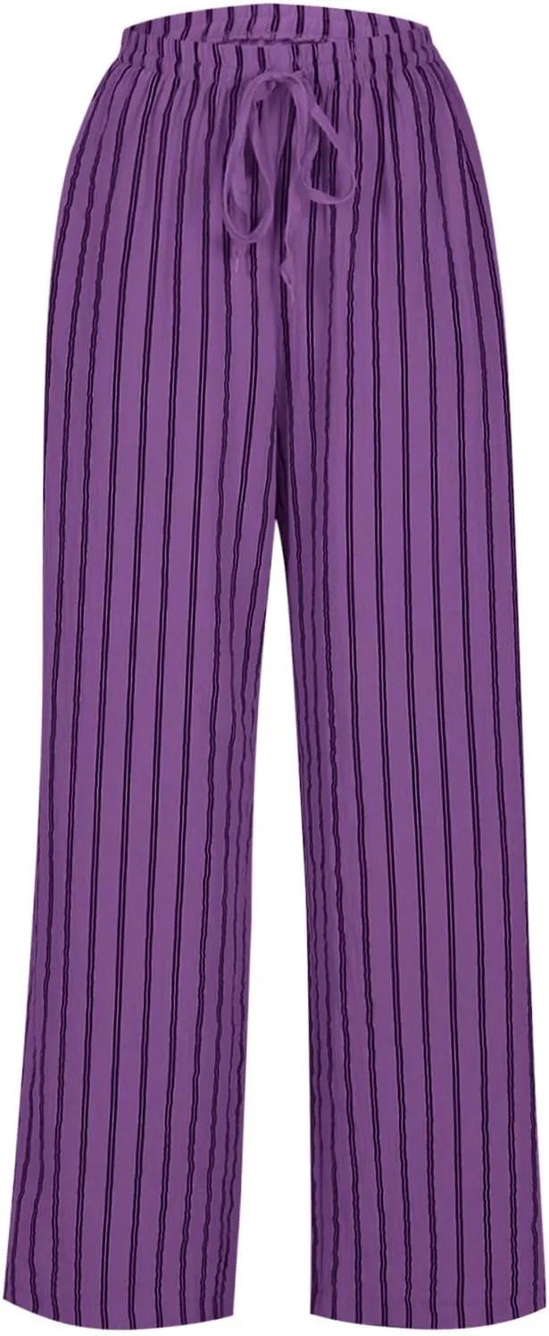 2025 Women Striped Wide Leg Pant Casual Drawstring Waist Pant Straight Leg Trouser Baggy Contrast Lounge Sleepwear