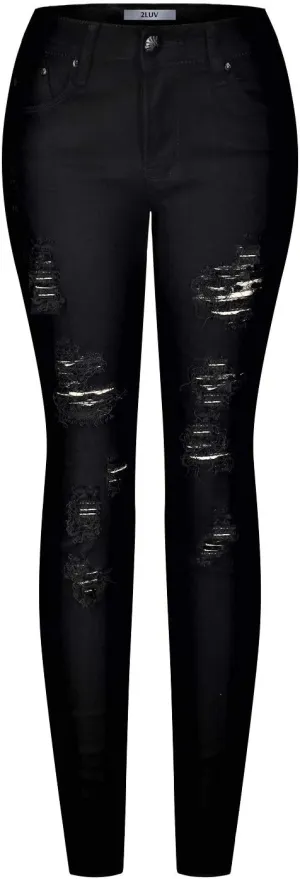 2LUV Women's Ripped Stretchy 5 Pocket Skinny Distressed Denim Jeans