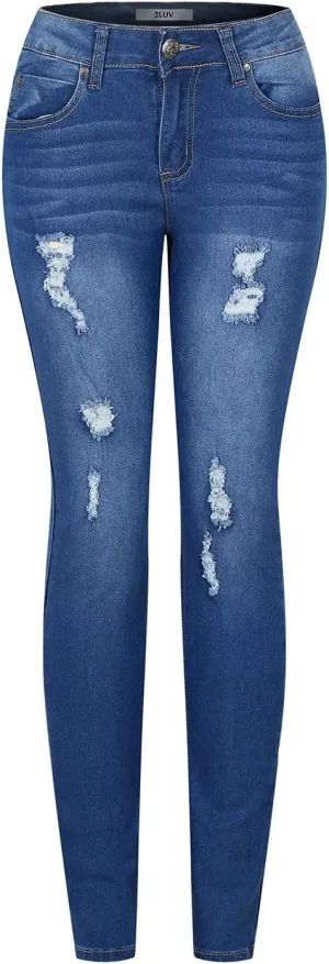 2LUV Women's Ripped Stretchy 5 Pocket Skinny Distressed Denim Jeans