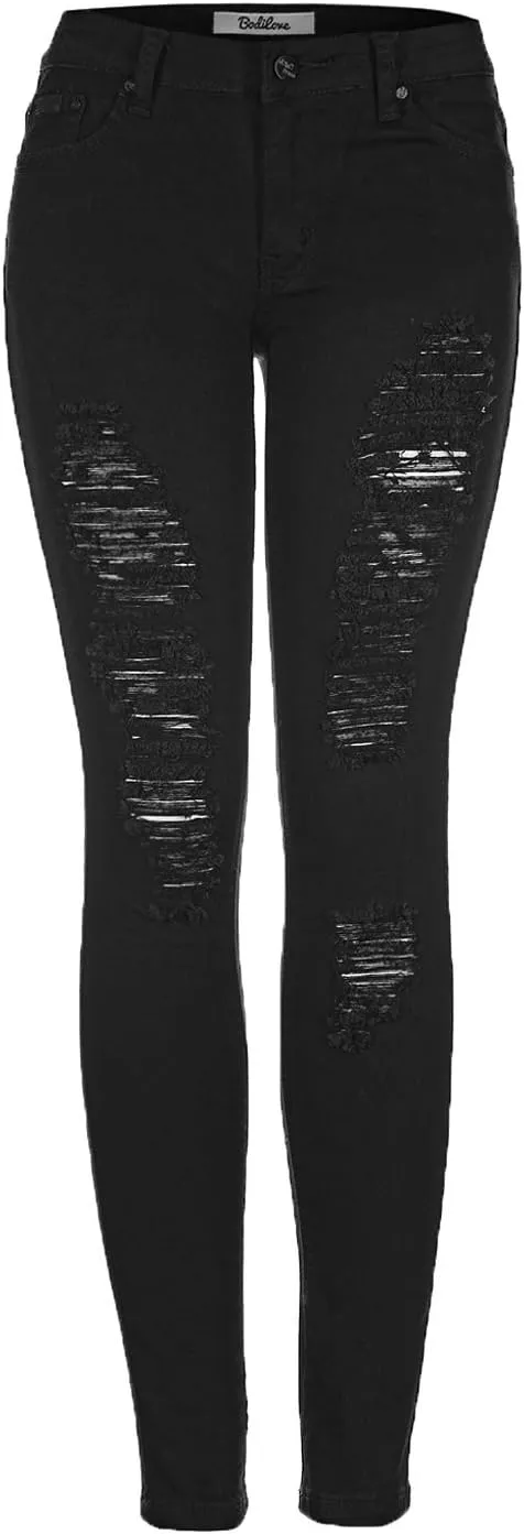 2LUV Women's Ripped Stretchy 5 Pocket Skinny Distressed Denim Jeans