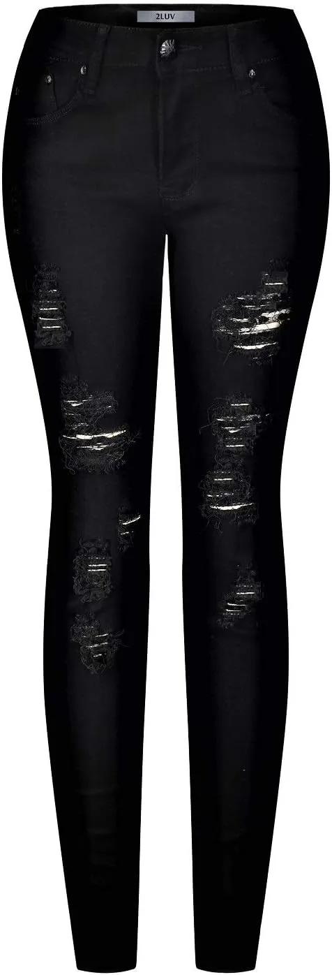 2LUV Women's Ripped Stretchy 5 Pocket Skinny Distressed Denim Jeans
