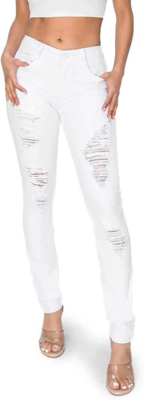 2LUV Women's Ripped Stretchy 5 Pocket Skinny Distressed Denim Jeans