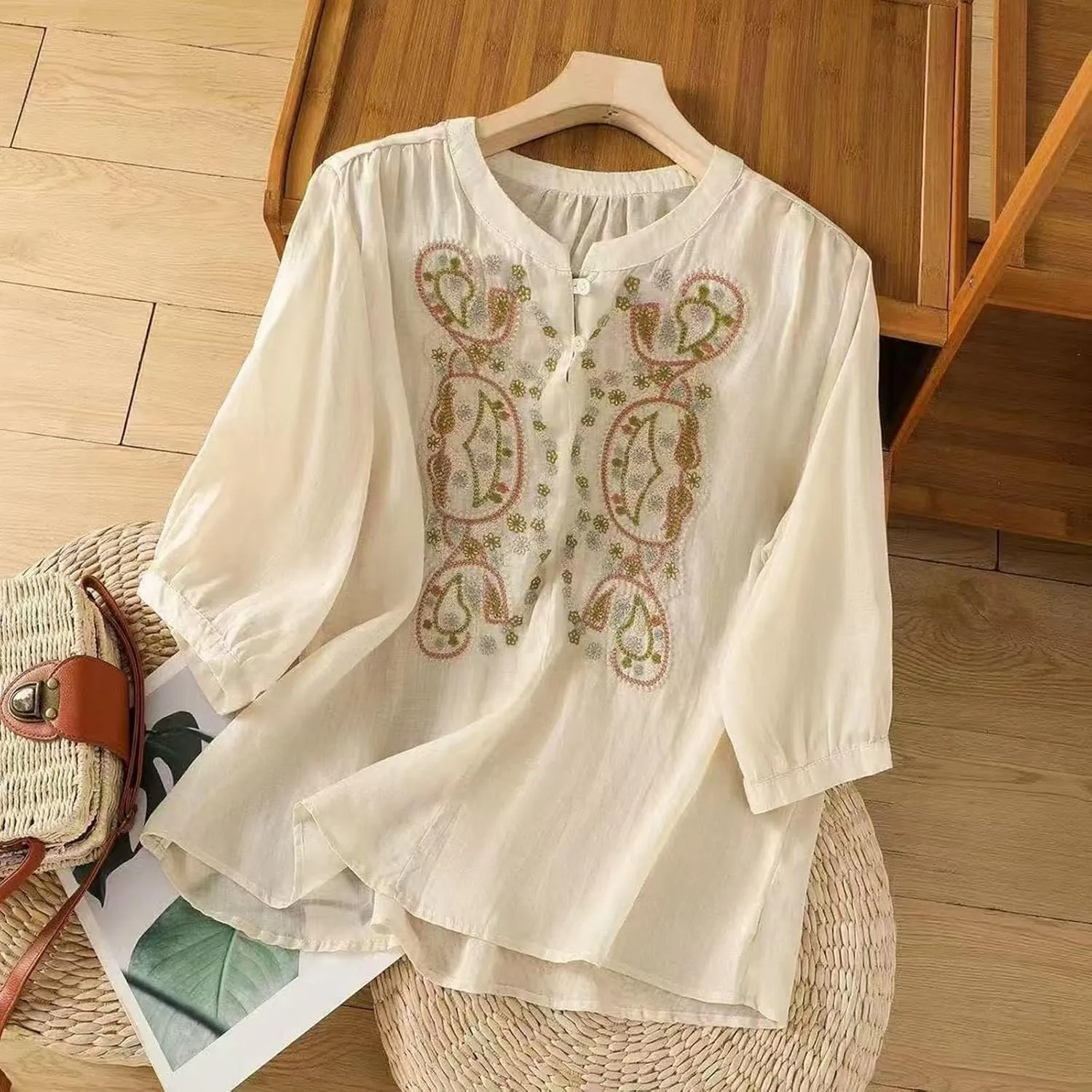 3/4 Sleeve Cotton Linen Shirts for Women 2025 Summer Boho Retro Embroidered Tops Dressy Casual Trendy Vacation Blouse