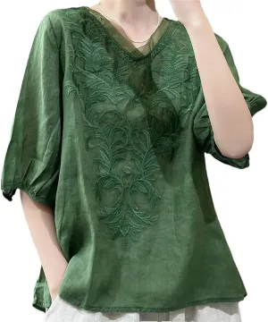3/4 Sleeve Cotton Linen Shirts for Women 2025 Summer Boho Retro Embroidered Tops Dressy Casual Trendy Vacation Blouse