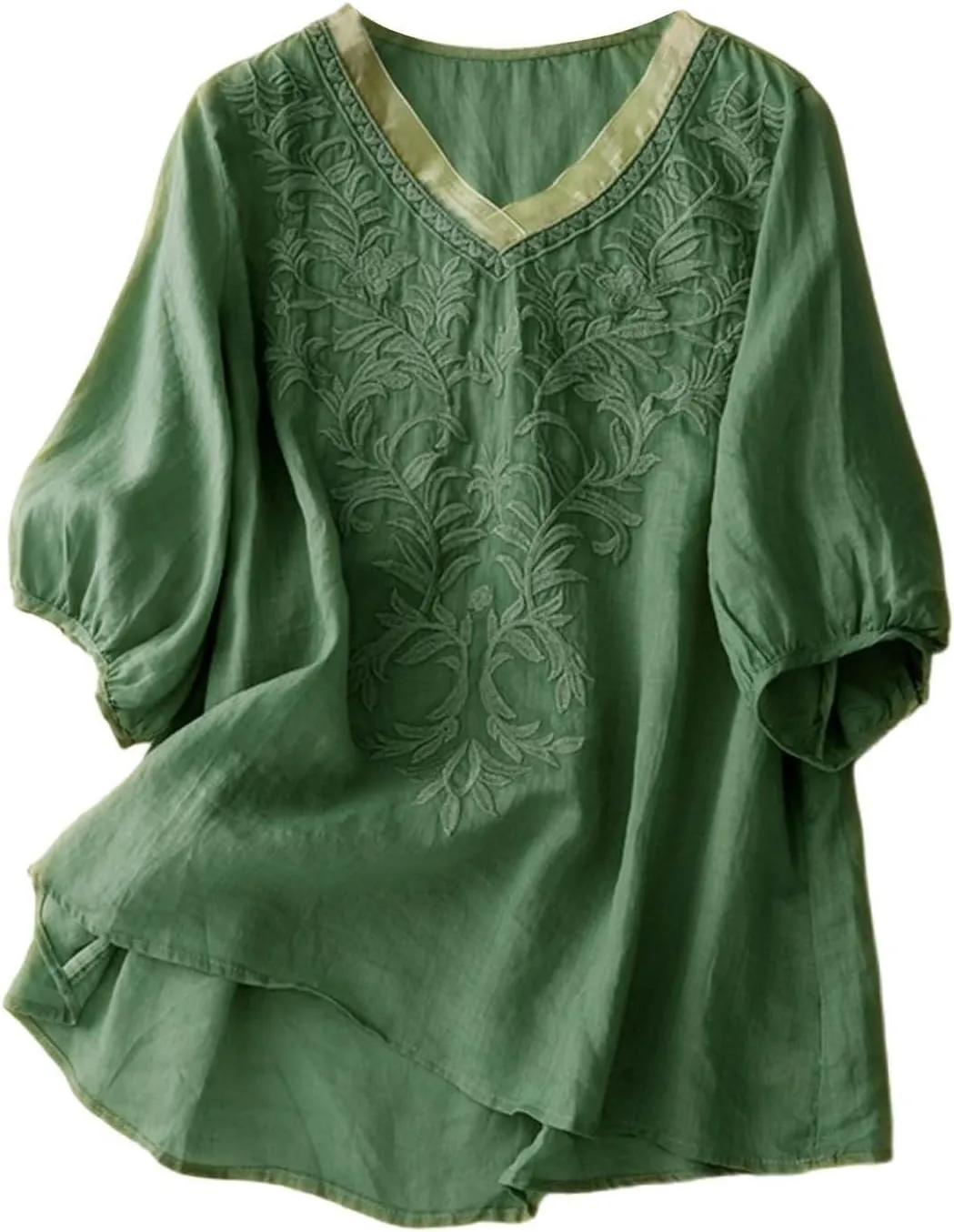 3/4 Sleeve Cotton Linen Shirts for Women 2025 Summer Boho Retro Embroidered Tops Dressy Casual Trendy Vacation Blouse
