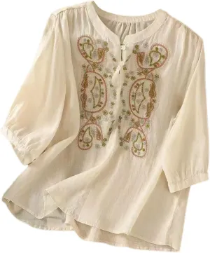 3/4 Sleeve Cotton Linen Shirts for Women 2025 Summer Boho Retro Embroidered Tops Dressy Casual Trendy Vacation Blouse