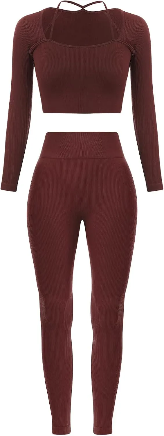 ABOCIW Workout Sets for Women Seamless Ribbed Sweetheart Neck Long Sleeve Crop Top Scrunch Butt High Wasit Legging Sets