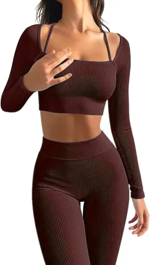 ABOCIW Workout Sets for Women Seamless Ribbed Sweetheart Neck Long Sleeve Crop Top Scrunch Butt High Wasit Legging Sets