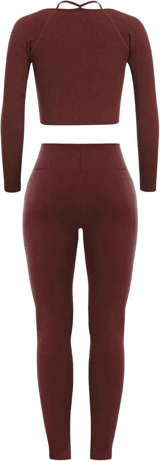 ABOCIW Workout Sets for Women Seamless Ribbed Sweetheart Neck Long Sleeve Crop Top Scrunch Butt High Wasit Legging Sets