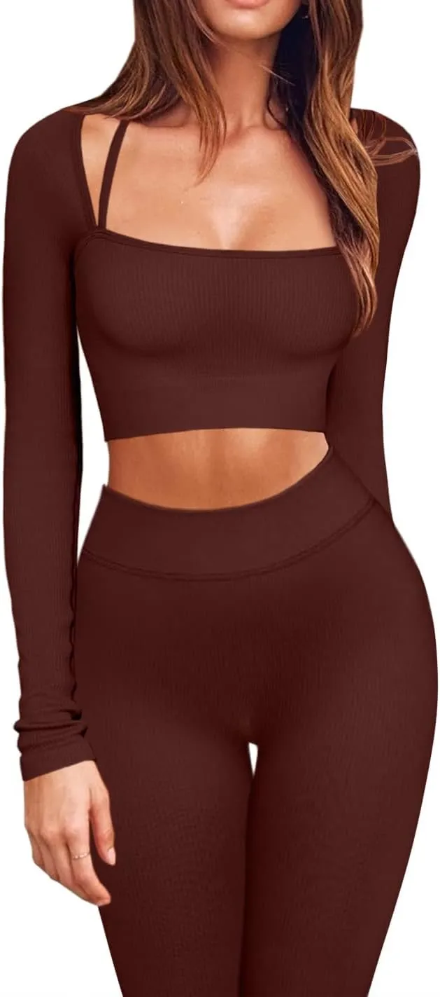 ABOCIW Workout Sets for Women Seamless Ribbed Sweetheart Neck Long Sleeve Crop Top Scrunch Butt High Wasit Legging Sets