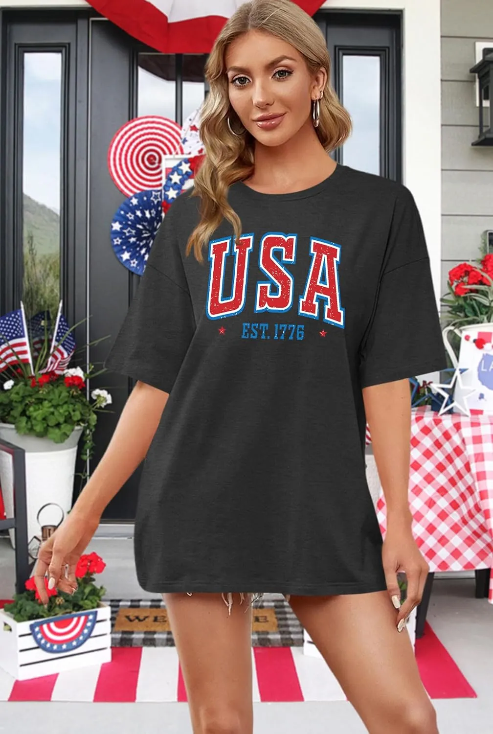 American Flag Shirt: Women 4th of July Oversized Tshirt USA Print Patriotic Shirt Stars Stripes Shirts