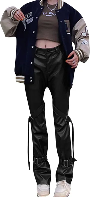 Argeousgor Women Y2K Lace Up PU Leather Pants High Waist Hollow Out Drawstring Bandage Trousers Cut Out Pants Streetwear