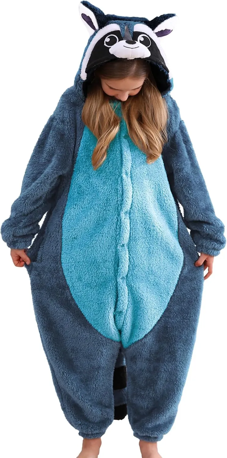 ATOZ Unisex Children Animal Blue Raccoon Onesie, Halloween Costume Pajamas Christmas Cosplay Sleepwear For Boys Girls