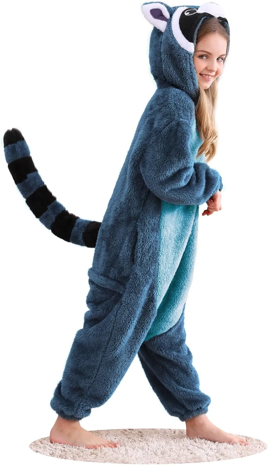 ATOZ Unisex Children Animal Blue Raccoon Onesie, Halloween Costume Pajamas Christmas Cosplay Sleepwear For Boys Girls