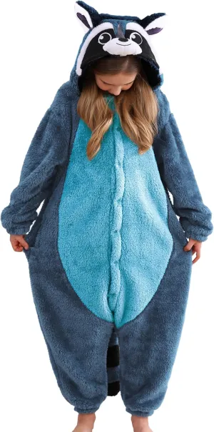 ATOZ Unisex Children Animal Blue Raccoon Onesie, Halloween Costume Pajamas Christmas Cosplay Sleepwear For Boys Girls