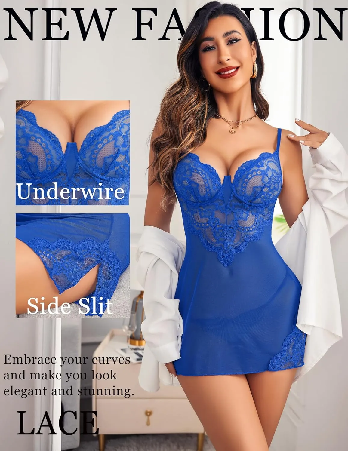Avidlove Underwire Lingerie for Women Lace Babydoll Chemise Mesh Nightgown V Neck Side Slit