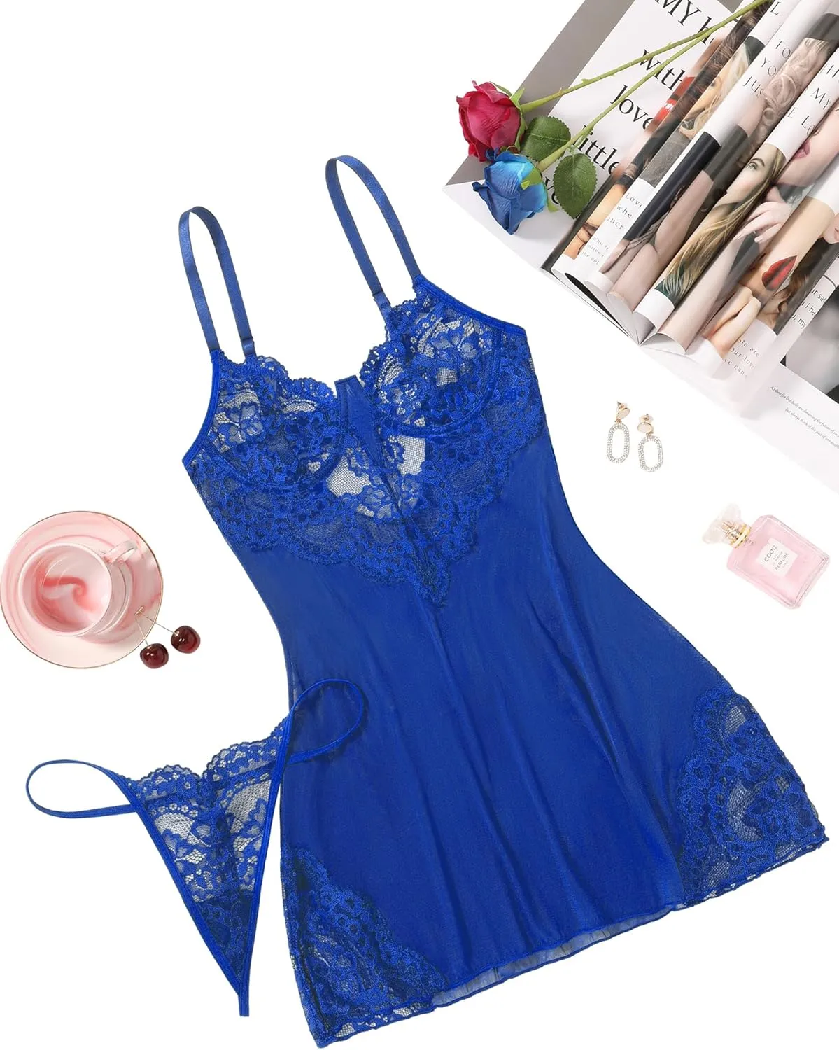 Avidlove Underwire Lingerie for Women Lace Babydoll Chemise Mesh Nightgown V Neck Side Slit