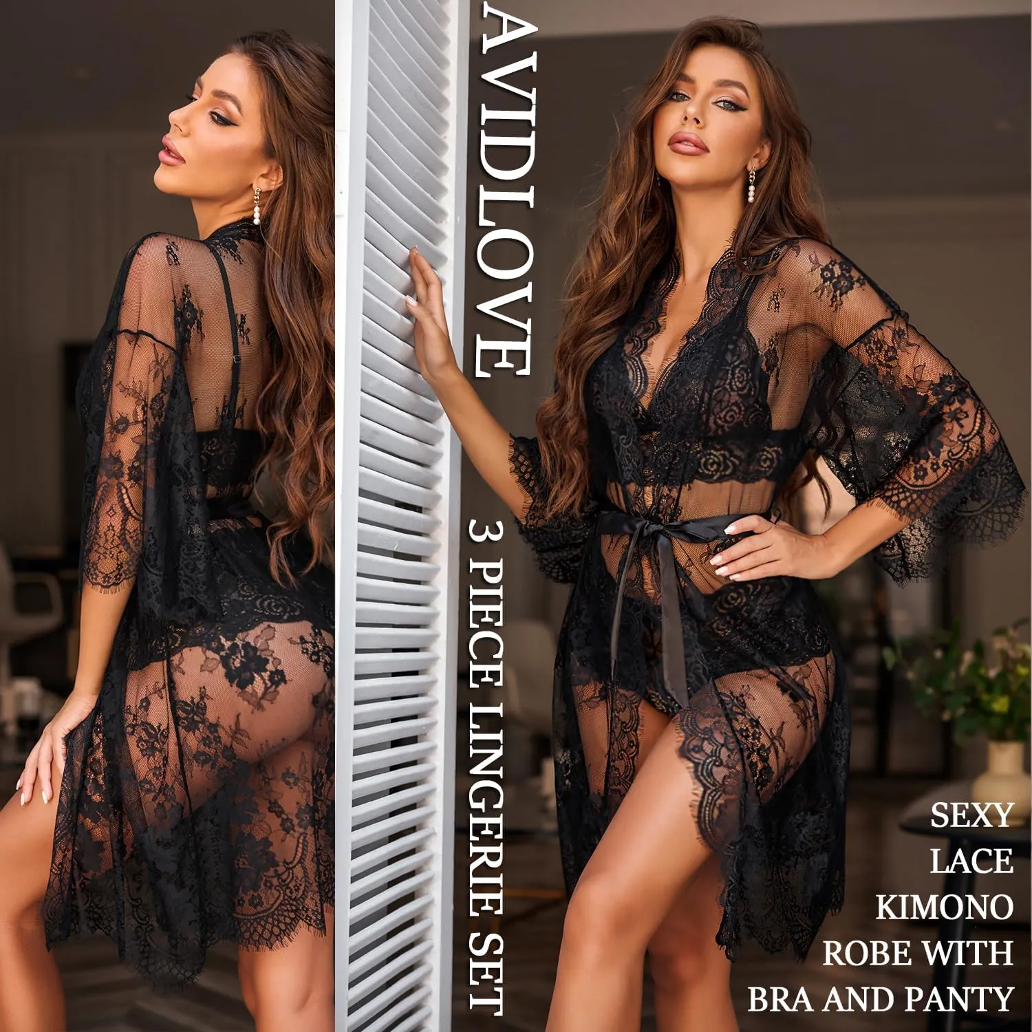Avidlove Women Sexy Lingerie Set 3 Piece Bra and Panty Sets with Lace Kimono Robe Sleepwear Mesh Nightgown