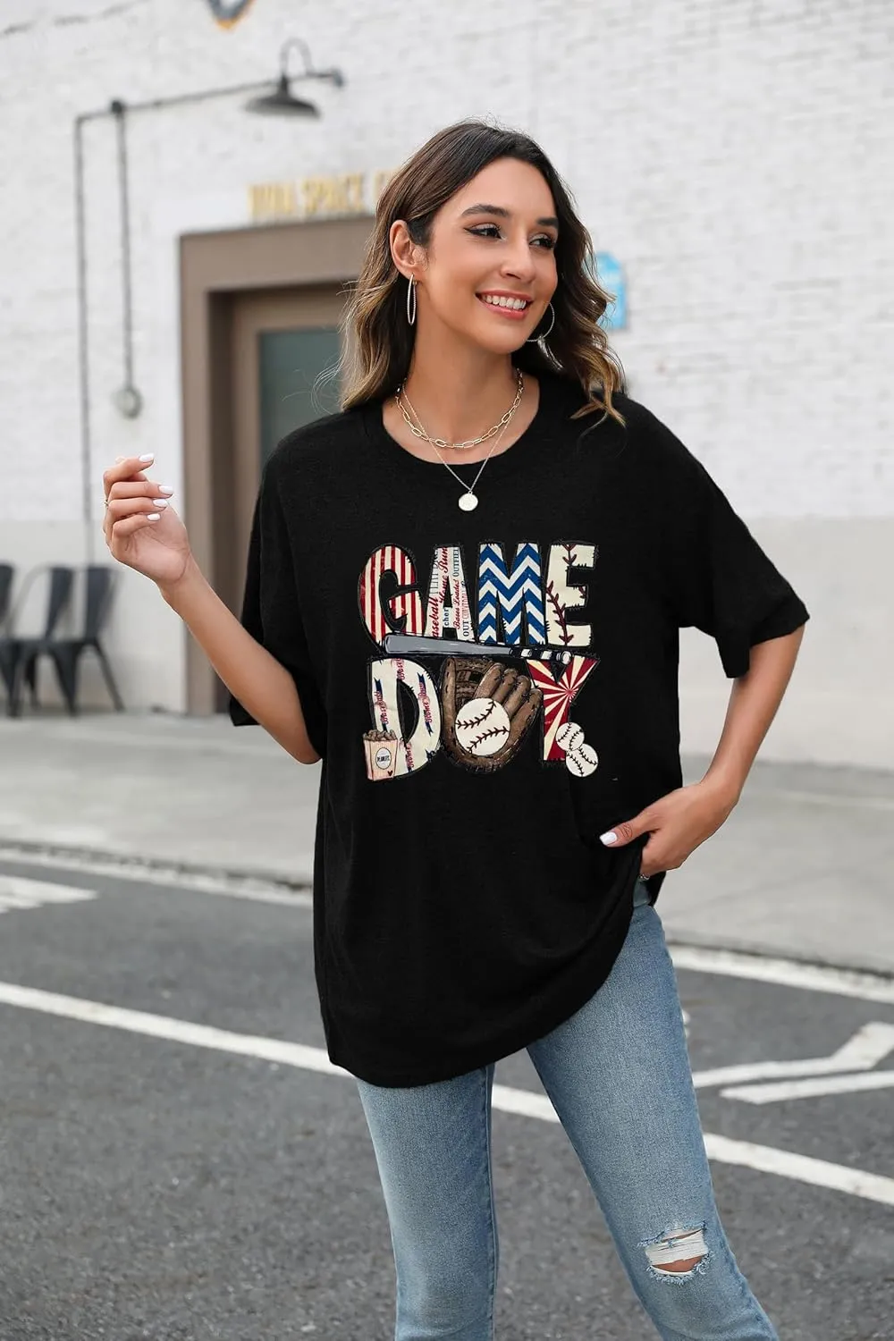 Baseball Shirt Women Oversized Baseball Game Day Tops Baseball Mom Letter Printed Tees
