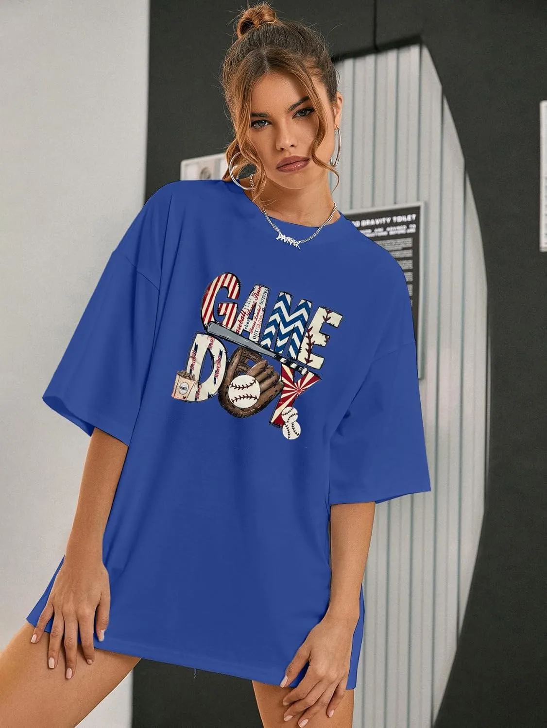 Baseball Shirt Women Oversized Baseball Game Day Tops Baseball Mom Letter Printed Tees