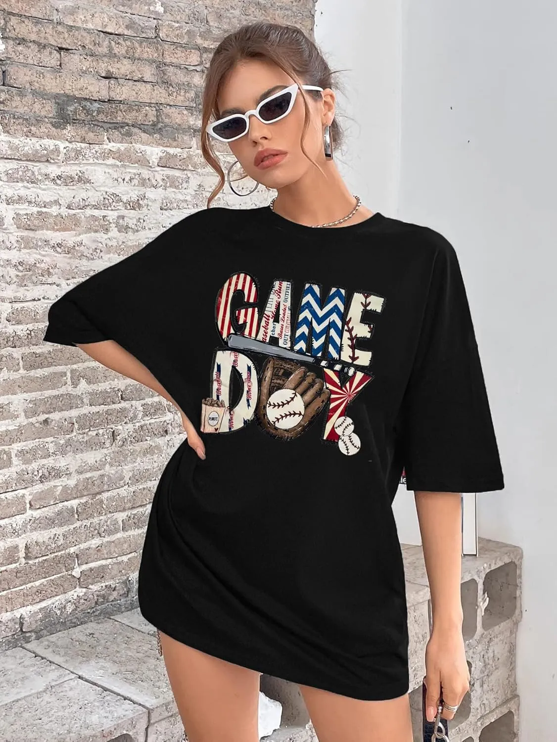 Baseball Shirt Women Oversized Baseball Game Day Tops Baseball Mom Letter Printed Tees