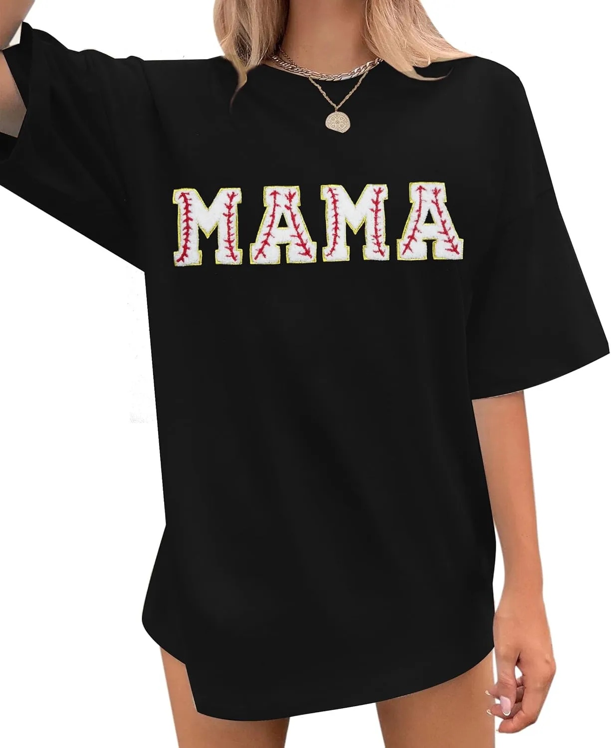 Baseball Shirt Women Oversized Baseball Mom Tops Chenille Baseball Letter Printed Tees Baseball Mama Gift Blouse