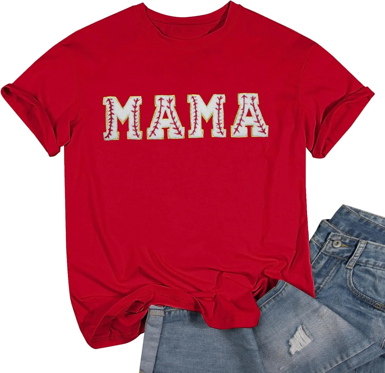 Baseball Shirt Women Oversized Baseball Mom Tops Chenille Baseball Letter Printed Tees Baseball Mama Gift Blouse