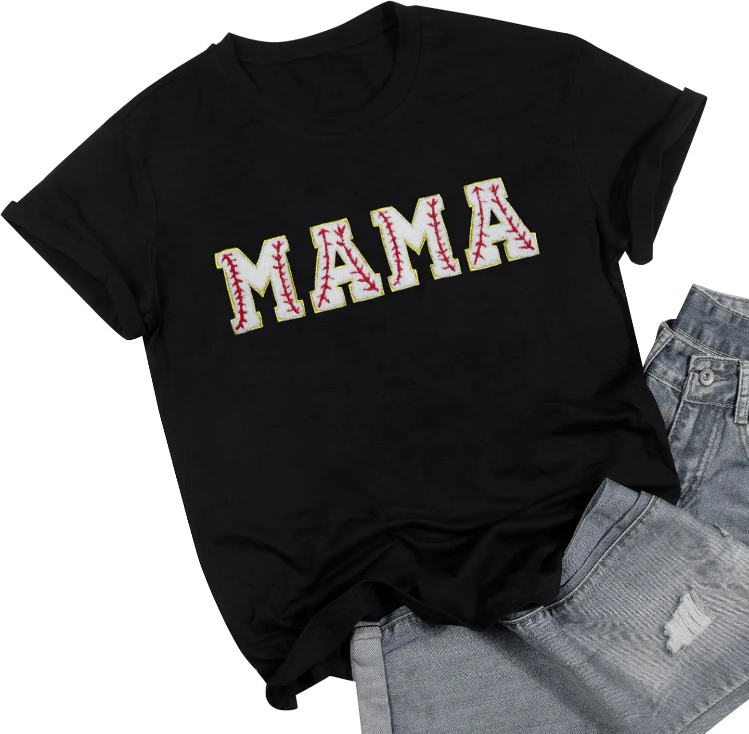 Baseball Shirt Women Oversized Baseball Mom Tops Chenille Baseball Letter Printed Tees Baseball Mama Gift Blouse