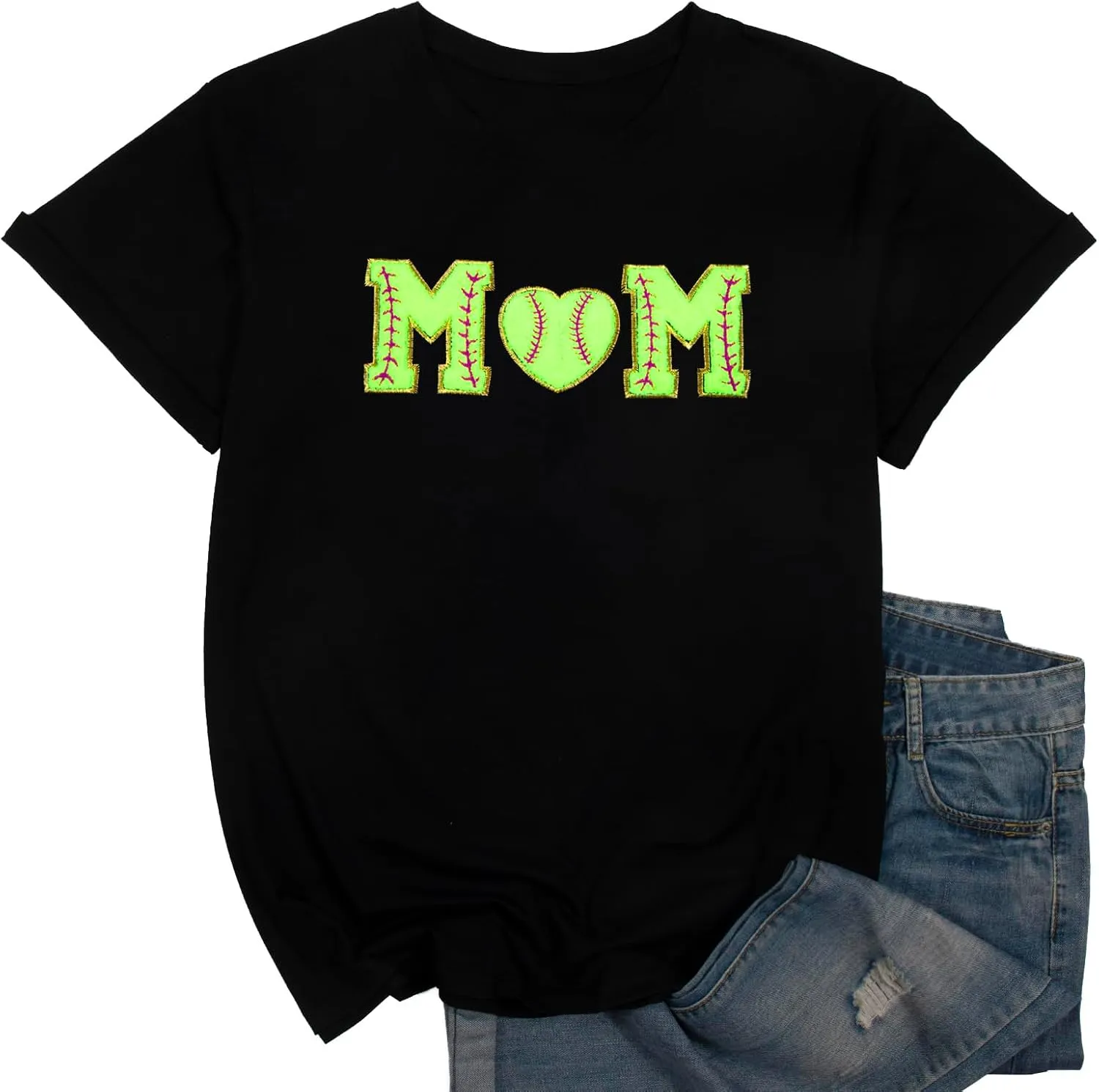 Baseball Shirt Women Oversized Baseball Mom Tops Chenille Baseball Letter Printed Tees Baseball Mama Gift Blouse