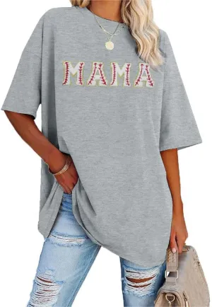 Baseball Shirt Women Oversized Baseball Mom Tops Chenille Baseball Letter Printed Tees Baseball Mama Gift Blouse
