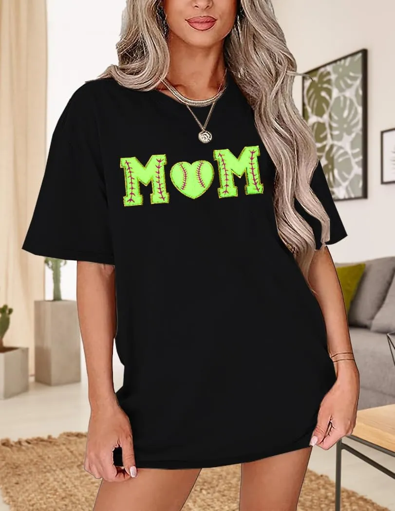 Baseball Shirt Women Oversized Baseball Mom Tops Chenille Baseball Letter Printed Tees Baseball Mama Gift Blouse