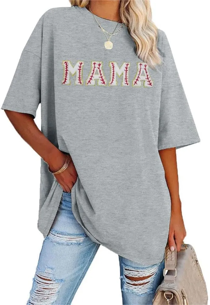 Baseball Shirt Women Oversized Baseball Mom Tops Chenille Baseball Letter Printed Tees Baseball Mama Gift Blouse