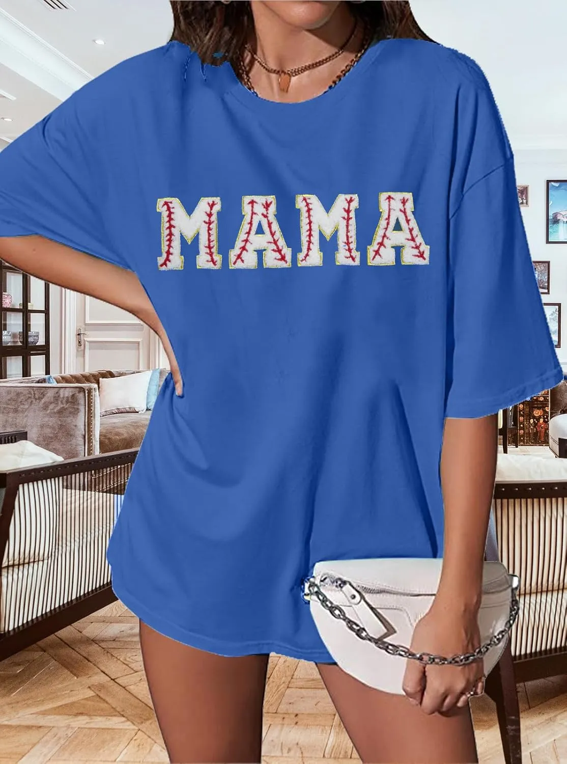 Baseball Shirt Women Oversized Baseball Mom Tops Chenille Baseball Letter Printed Tees Baseball Mama Gift Blouse