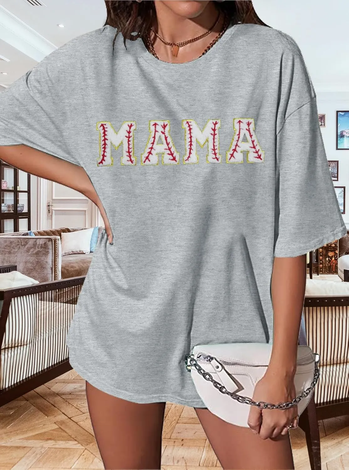 Baseball Shirt Women Oversized Baseball Mom Tops Chenille Baseball Letter Printed Tees Baseball Mama Gift Blouse