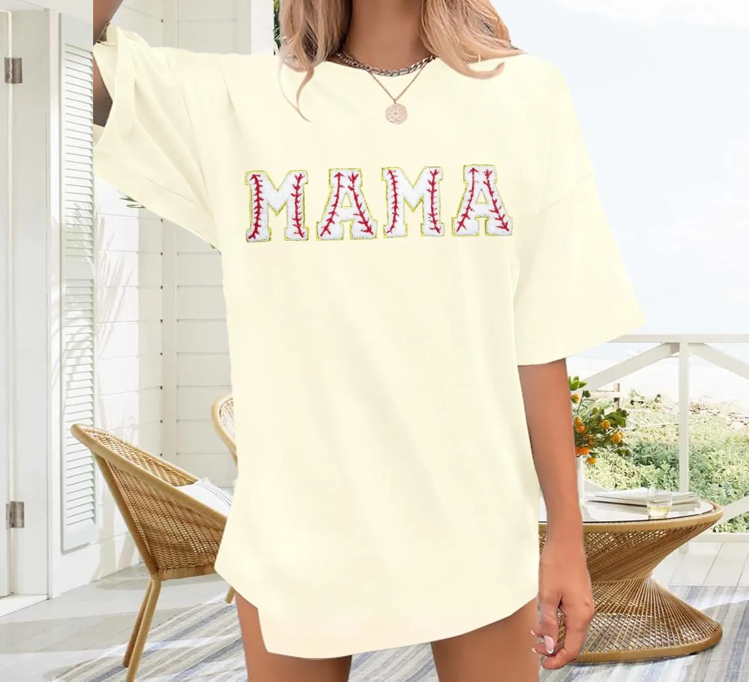 Baseball Shirt Women Oversized Baseball Mom Tops Chenille Baseball Letter Printed Tees Baseball Mama Gift Blouse