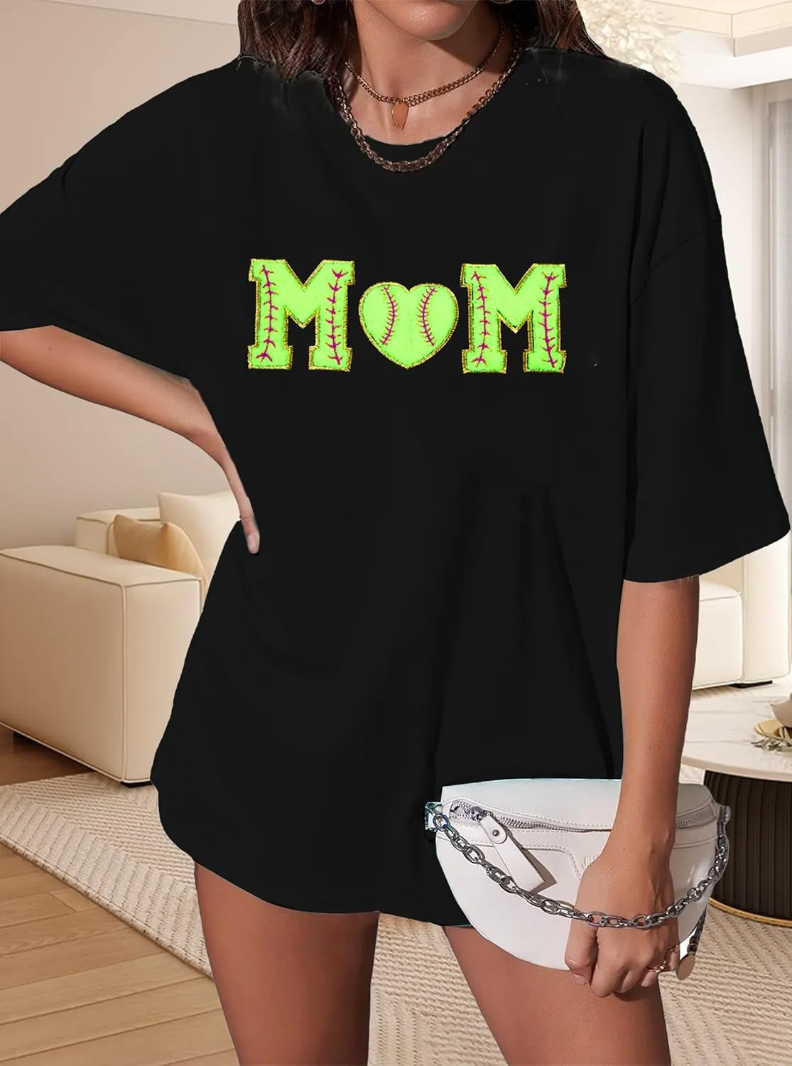 Baseball Shirt Women Oversized Baseball Mom Tops Chenille Baseball Letter Printed Tees Baseball Mama Gift Blouse