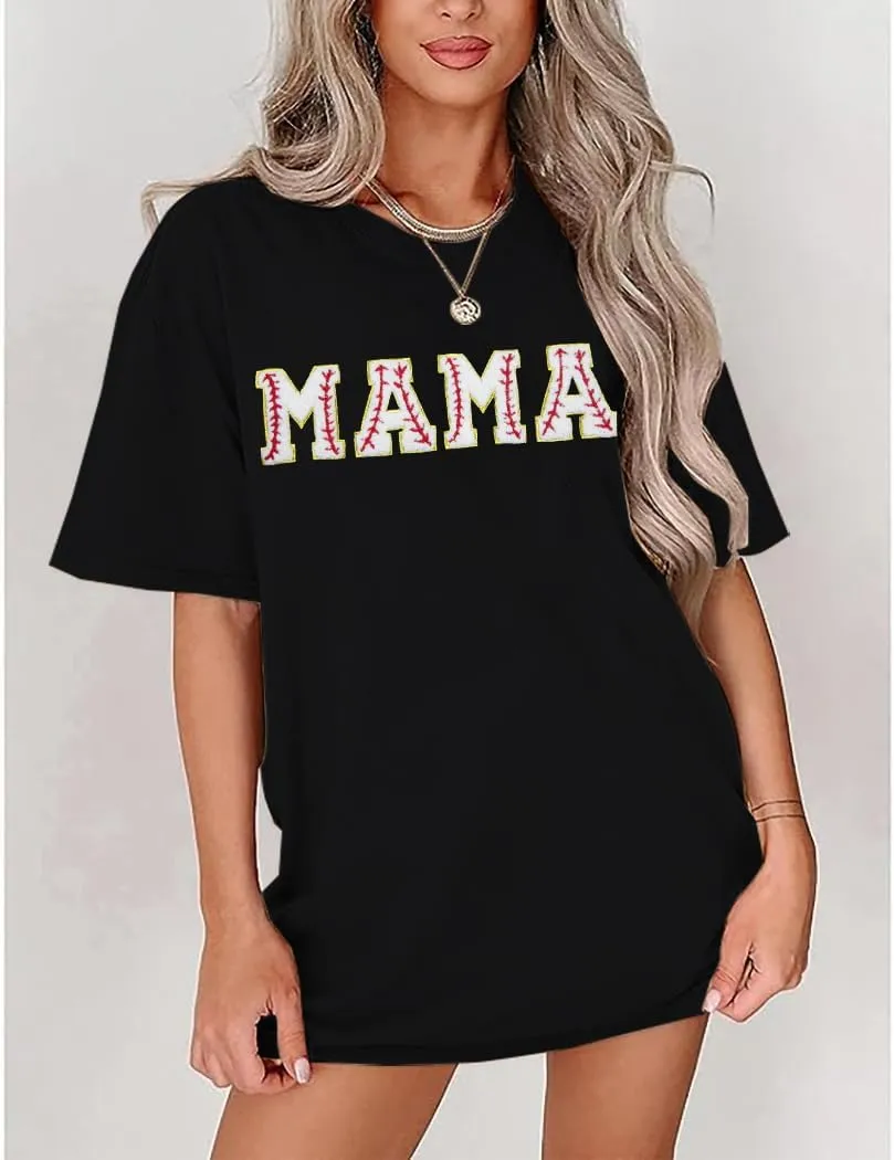 Baseball Shirt Women Oversized Baseball Mom Tops Chenille Baseball Letter Printed Tees Baseball Mama Gift Blouse
