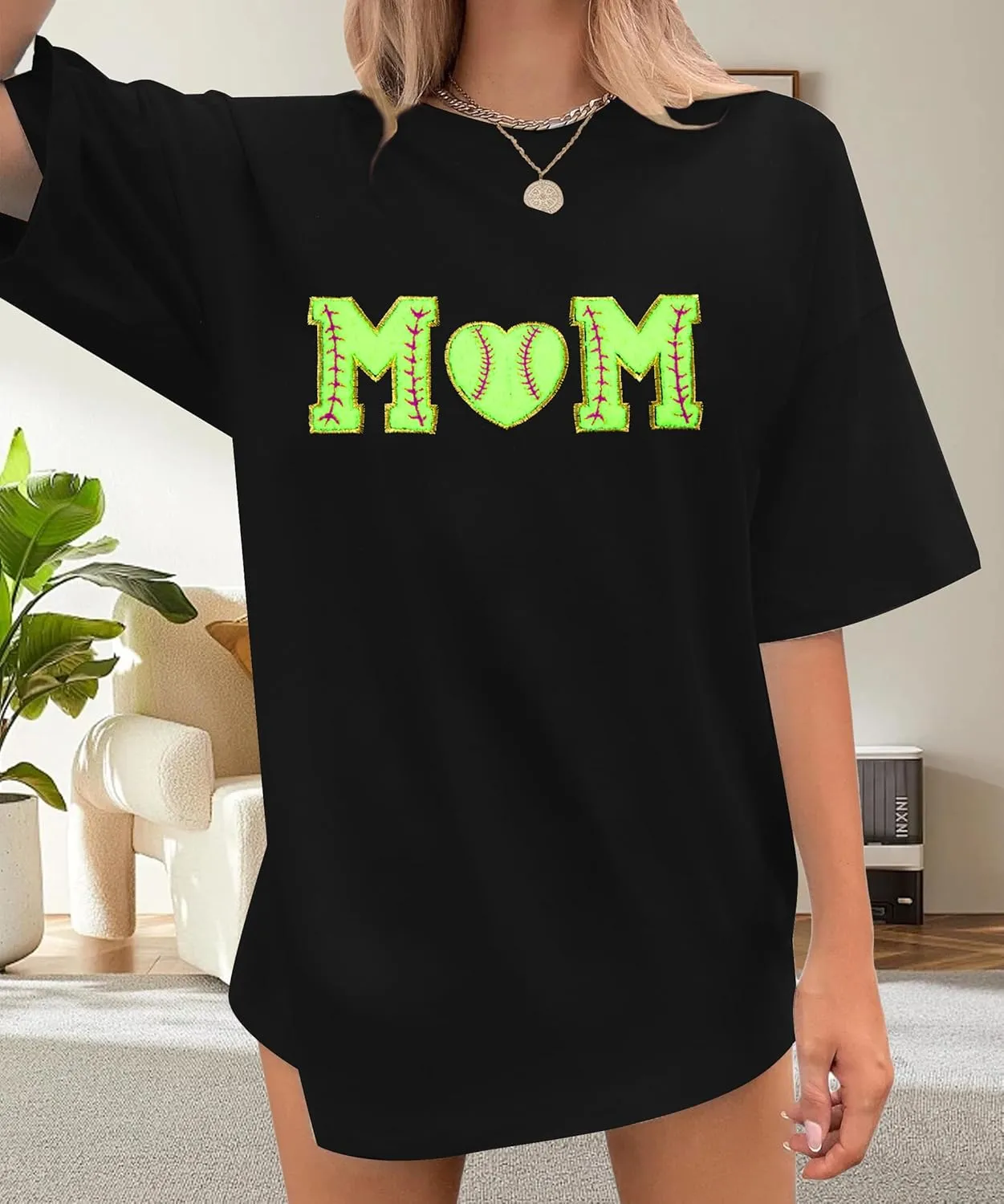 Baseball Shirt Women Oversized Baseball Mom Tops Chenille Baseball Letter Printed Tees Baseball Mama Gift Blouse