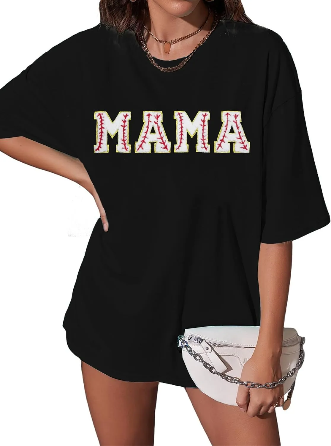 Baseball Shirt Women Oversized Baseball Mom Tops Chenille Baseball Letter Printed Tees Baseball Mama Gift Blouse