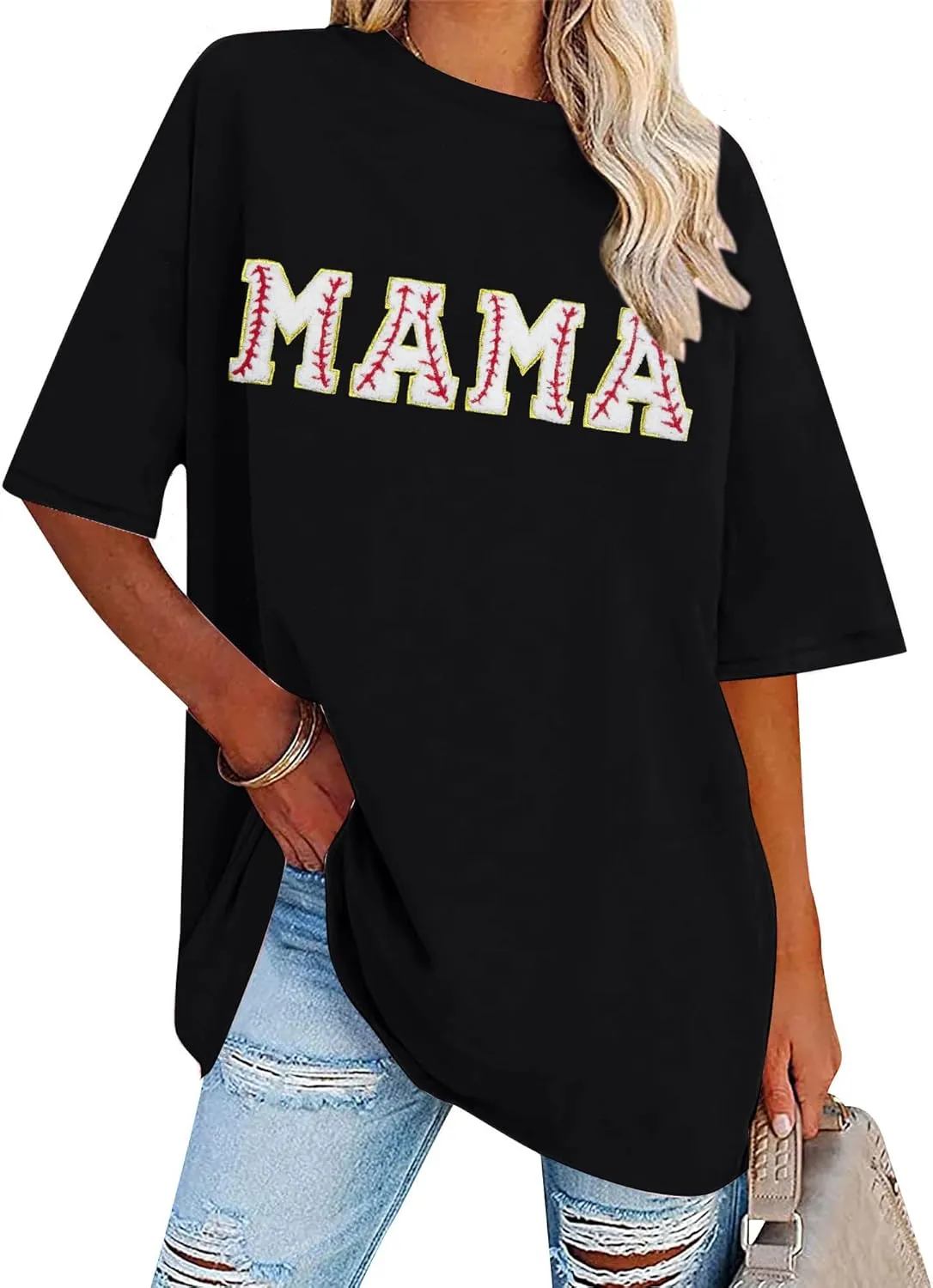 Baseball Shirt Women Oversized Baseball Mom Tops Chenille Baseball Letter Printed Tees Baseball Mama Gift Blouse