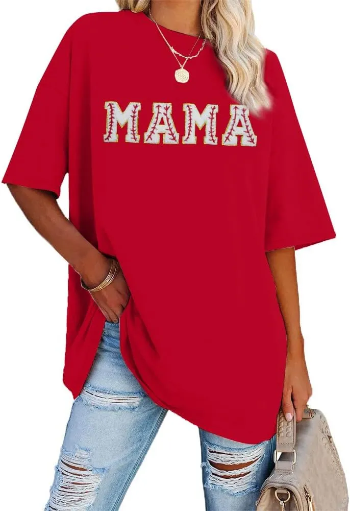Baseball Shirt Women Oversized Baseball Mom Tops Chenille Baseball Letter Printed Tees Baseball Mama Gift Blouse