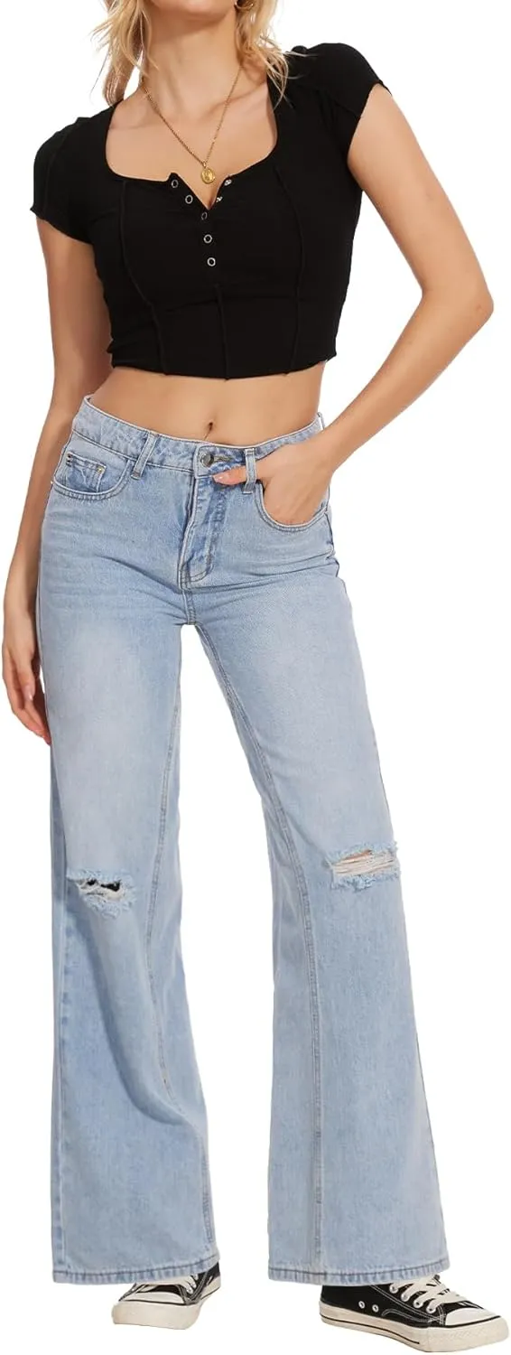Beautiful Nomad Women's Petite Ripped Jeans Casual Wide Leg Baggy Distressed Denim Pants